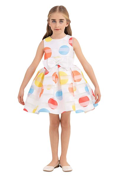 Pamina Rochie cu buline colorate, , - Fundă albă în talie, 33203 - 116 cm, Alb
