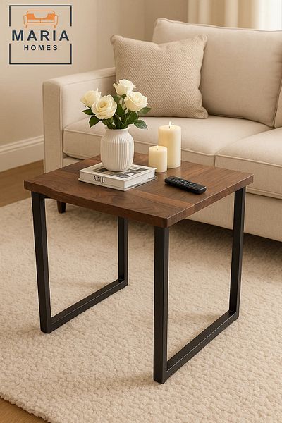 MARIA HOMES Square Wooden Table with Live Edge and Minimal Black Frame