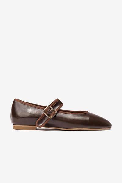 Seniorah Brown Leather Buckle Detailed Thick Banded Women's Ballerinas