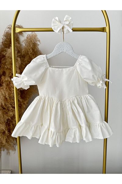 Hobidik Baby Girl Ecru Cream Ruffle Back Bow Linen Dress