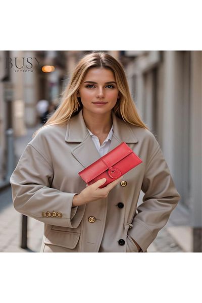 Busy Lady&Gentleman Eva women's wallet, genuine leather, smartphone compartment, multiple slots, coin zipper, red