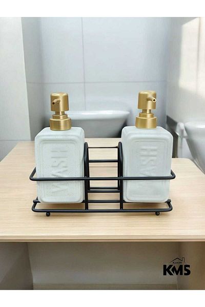 KMS Kumsar Set of 2 Porcelain Liquid Soap Dispensers with Metal Stand