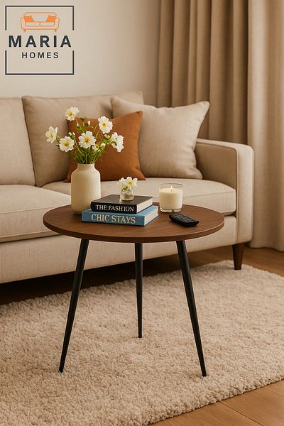 MARIA HOMES Round Dark Wood Side Table with Slim Black Metal Legs