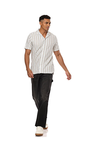 R&B Striped Shirt with Revere Collar and Short Sleeves