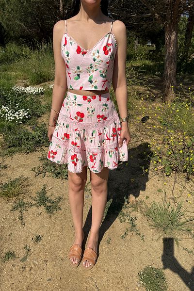 Seda Yalçın Atelier Pink Patterned Strap Crop Blouse and Skirt Set