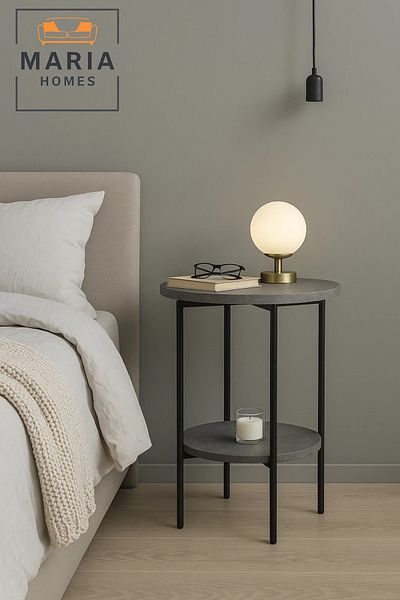 MARIA HOMES Round Stone-Texture Side Table with Lower Shelf and Black Metal Frame
