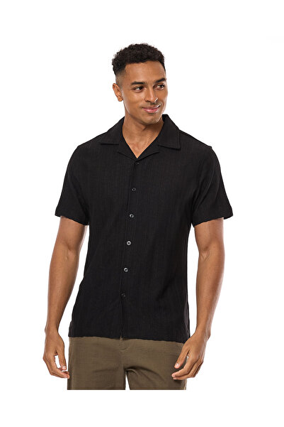 R&B Striped Shirt with Revere Collar and Short Sleeves