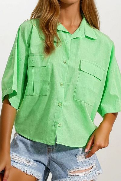 VAGGON Women's Green Double Pocket Half Sleeve Linen Shirt Vgn-X9991