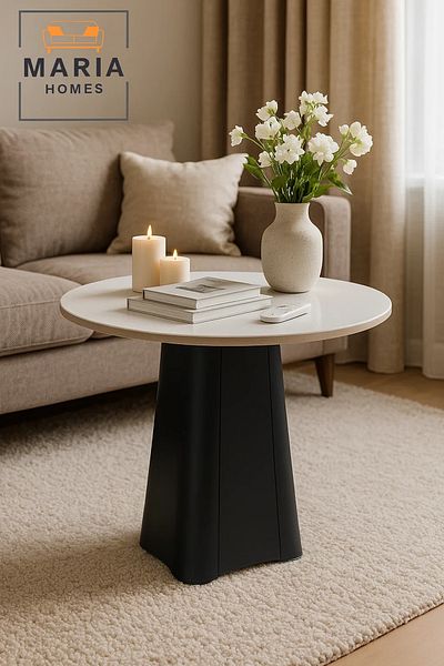 MARIA HOMES Round White Top Side Table with Modern Black Tripod Base