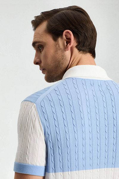 Hemington Light Blue Button Collar Hair Knit Mercerized Cotton Knitwear Polo