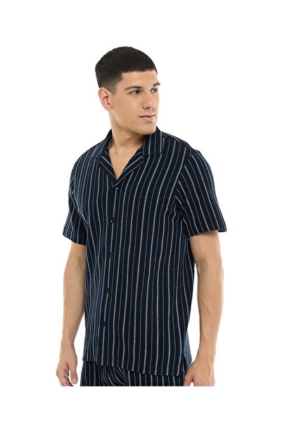 R&B Striped Shirt with Revere Collar and Short Sleeves