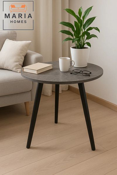MARIA HOMES Round Side Table with Stone-Look Top and Black Angled Legs – Modern Style