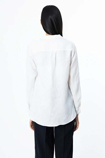 Ekol Women's Judge Collar Buttoned Linen Blouse 3134 Ecru