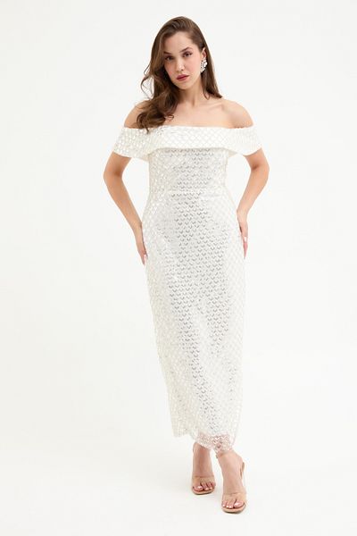 Lafaba Women's White Boat Neck Sequin Midi Evening Dress