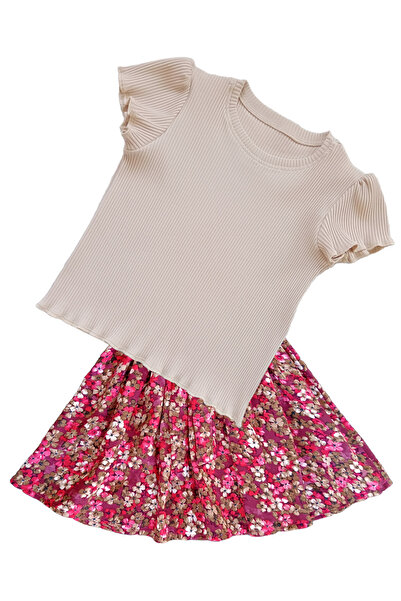 MODA59 Girl's Skirt Suit, Skirt T-Shirt Suit, Floral Skirt Twill Ecru T-Shirt