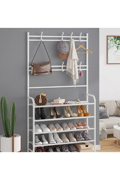 Un Multi-purpose metal shoe and clothing rack with hooks for hanging bags and hats