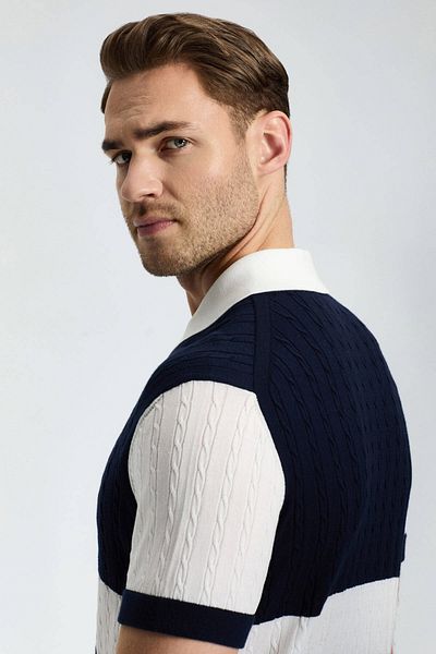 Hemington Navy Blue Button Collar Hair Knit Mercerized Cotton Knitwear Polo