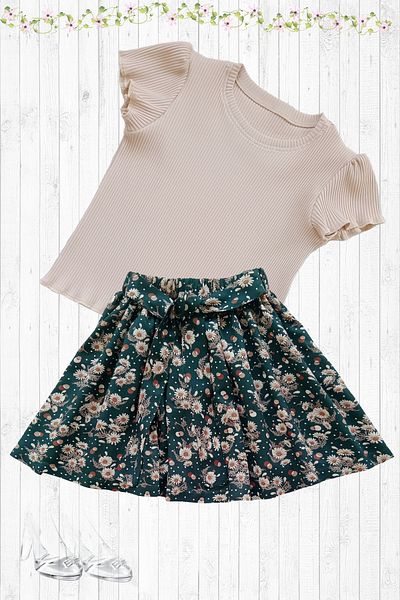 MODA59 Girl's Skirt Suit, Skirt T-Shirt Suit, Floral Skirt Twill Ecru T-Shirt