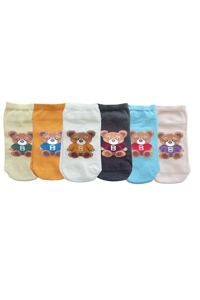 Esinti 6 Pairs Women's Ankle Length Multicolored Teddy Bear Patterned Booties Socks Set 6 Pieces