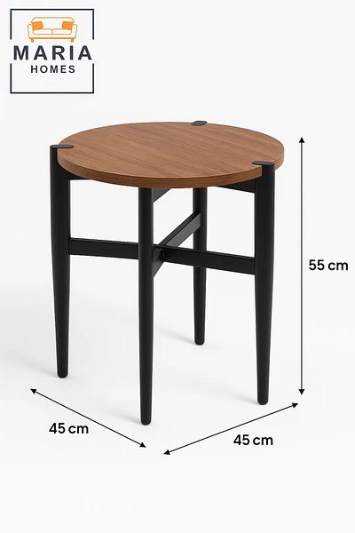 MARIA HOMES Round Wooden Side Table with Black Frame and Decorative Corner Accents