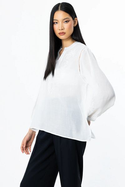 Ekol Women's Embroidered Linen Blouse 3924 Ecru