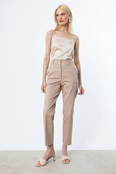 Ekol Women's High Waist Detailed Cotton Trousers 2060 Sand