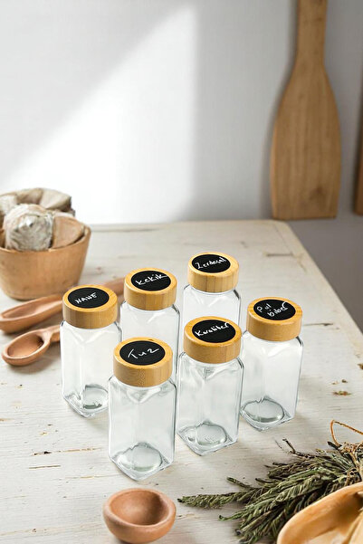 Home 6'lı Cam Baharatlık Seti Bambu Kapaklı Kare Şişe Yazılabilir Etiketli Kalem Hediyeli