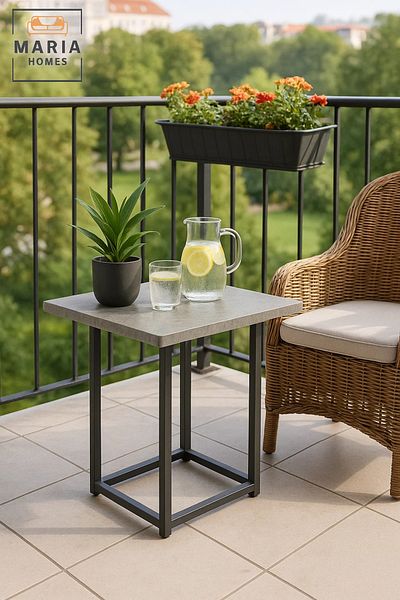 MARIA HOMES Square Stone-Texture Side Table with Black Metal Frame