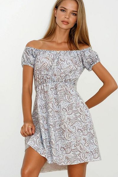 VAGGON Women's Blue Madonna Collar Watermelon Sleeves Patterned Crinkle Knitted Dress Vgn-X10516