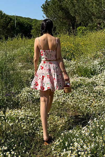 Seda Yalçın Atelier Pink Patterned Strap Crop Blouse and Skirt Set