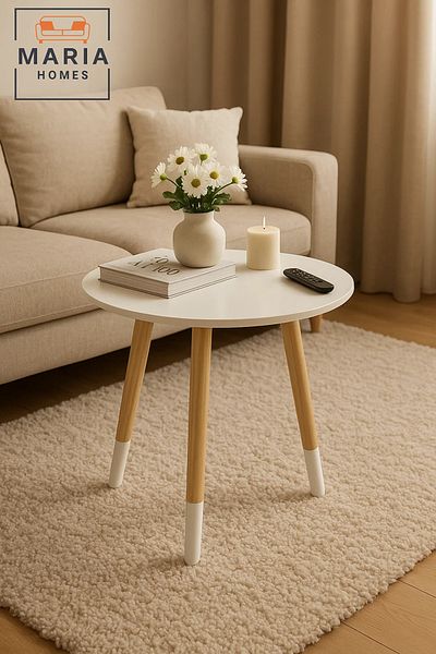 MARIA HOMES Glossy White Round Table with Pedestal Base – Sleek Minimalist Side Table