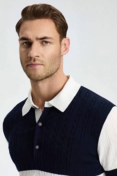 Hemington Navy Blue Button Collar Hair Knit Mercerized Cotton Knitwear Polo