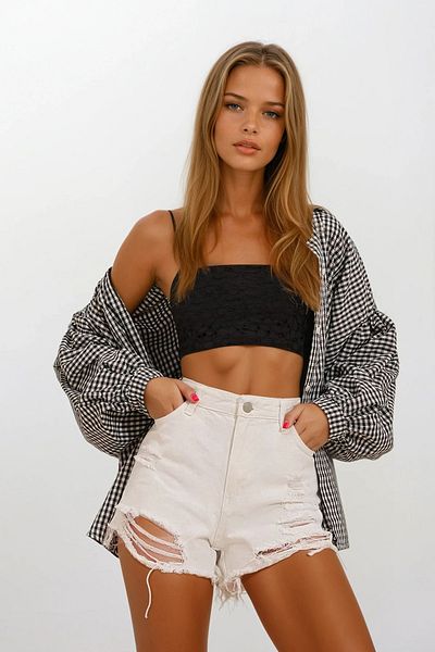 VAGGON Women's White Five-Pocket High Waist Faded Effect Seamless Leg Denim Shorts Vgn-X5960