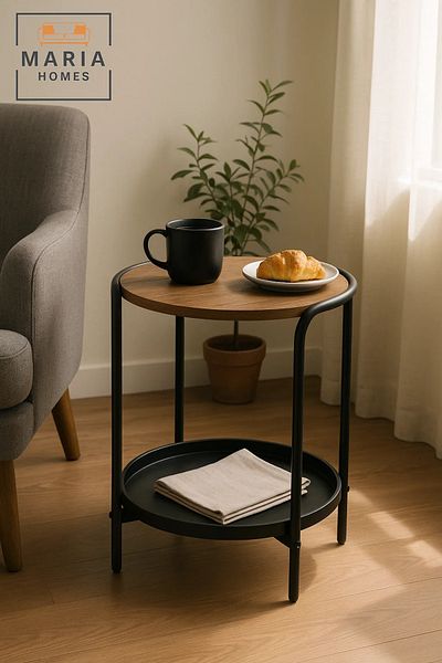 MARIA HOMES Round Side Table with Wood Top and Black Metal Frame with Tray Shelf