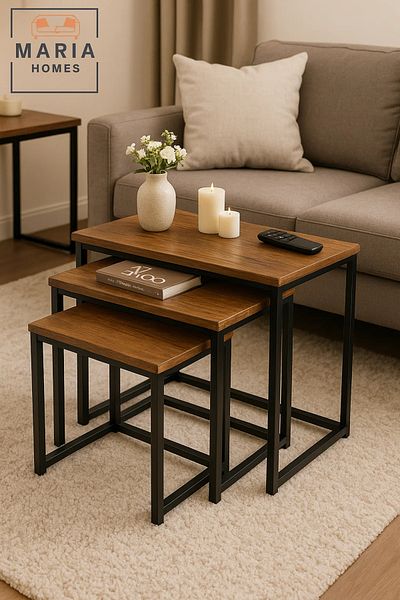MARIA HOMES Set of 3 Compact Nesting Tables with Warm Wood Finish