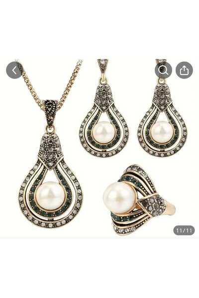 İthal vintage etnik esintili kolye küpe yüzük seti