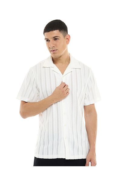 R&B Striped Shirt with Revere Collar and Short Sleeves