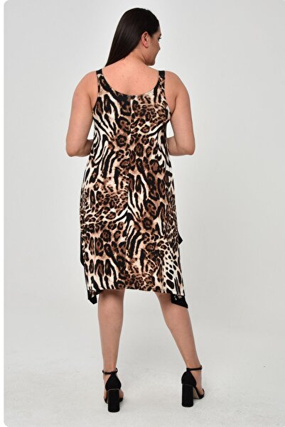 Ebsumu Women's Plus Size Asymmetrical Cut Leopard Print Black-Brown Dress