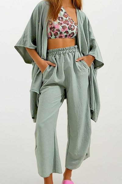 VAGGON Women's Aqua Green Slit Self-Textured Trousers and Jacket Double Set Vgn-752-001