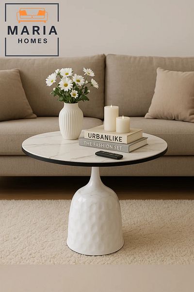 MARIA HOMES Round White Marble-Look Table with Glossy Textured Base