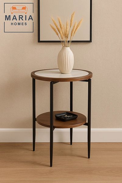 MARIA HOMES Round Side Table with White Marble-Inspired Top and Wooden Shelf