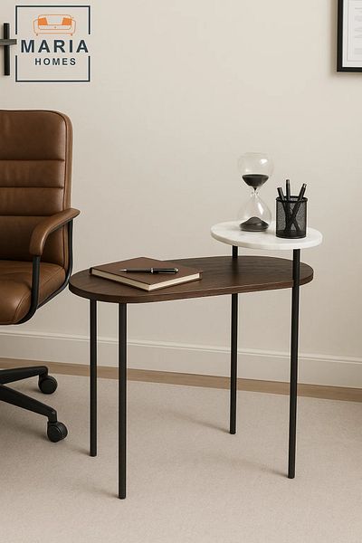 MARIA HOMES Dual-Level Side Table with Dark Wood and White Marble Top – Modern Chic Design