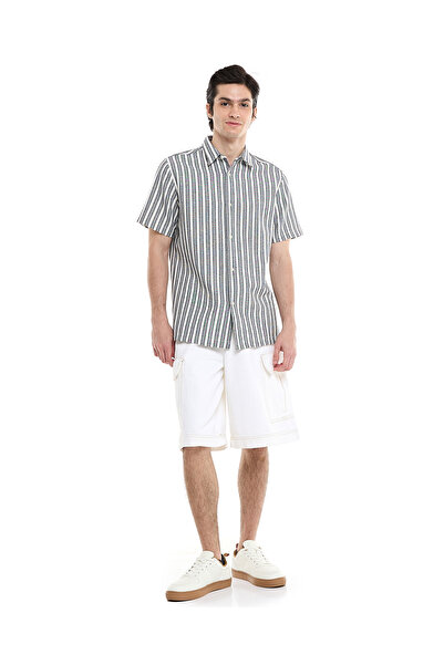 R&B Striped Shirt with Spread Collar and Short Sleeves