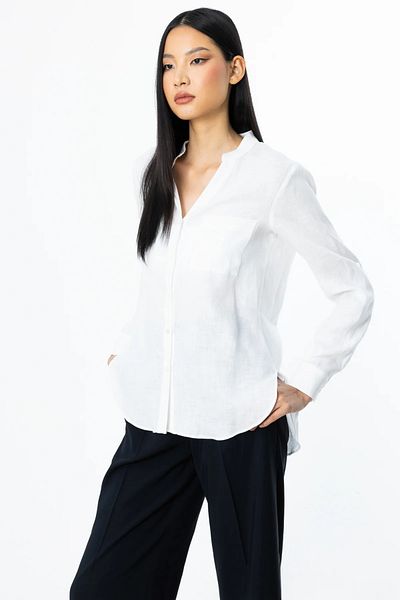 Ekol Women's Judge Collar Buttoned Linen Blouse 3134 Ecru
