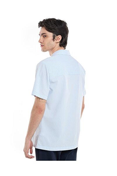 R&B Striped Shirt with Revere Collar and Short Sleeves