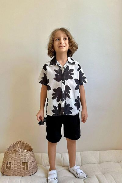 Minigimin Cicileri Little Boy's Boy's Suit with Muslin Shorts with Leaf Pattern - Black