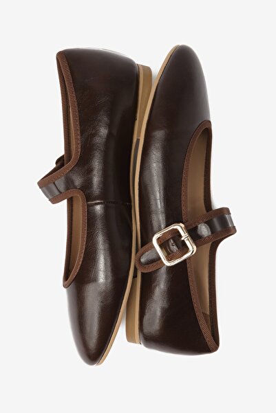 Seniorah Brown Leather Buckle Detailed Thick Banded Women's Ballerinas
