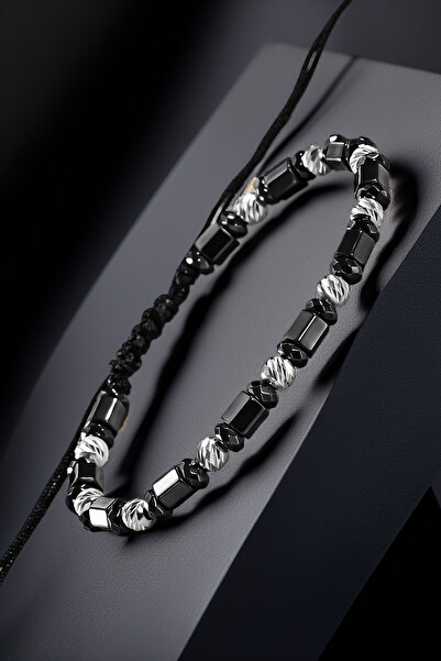 OSMANLI GÜMÜŞ Siyah Hematit Taşlı Ayarlanabilir İpli 925 Ayar Gümüş Detaylı E...