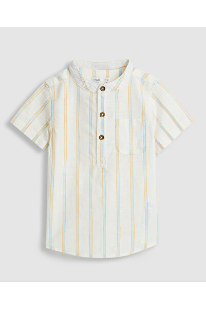R&B Striped Shirt with Mandarin Collar and Short Sleeves