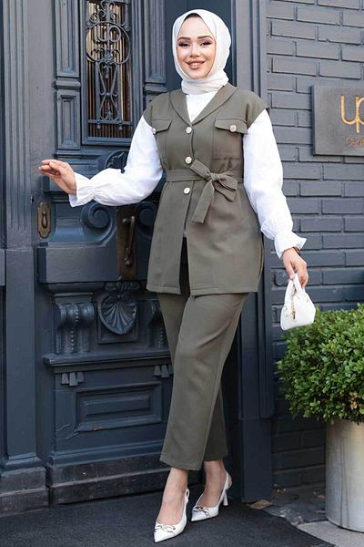 N.S NEVA STYLE Γιλέκο Χακί Τριπλό Σετ Hijab 6169HK